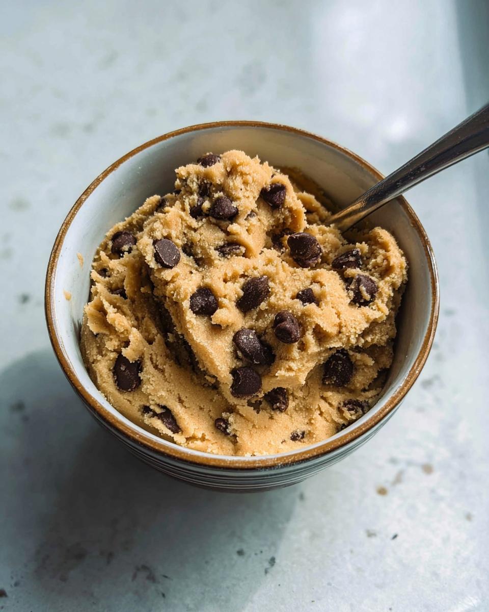 A bowl filled with delicious protein cookie dough and chocolate chips, with a spoon inside.