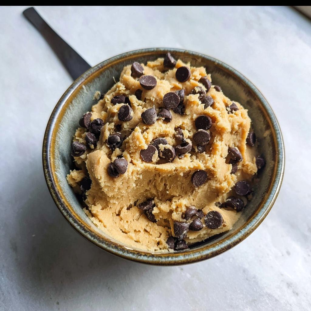 A bowl overflowing with delicious protein cookie dough studded with dark chocolate chips.