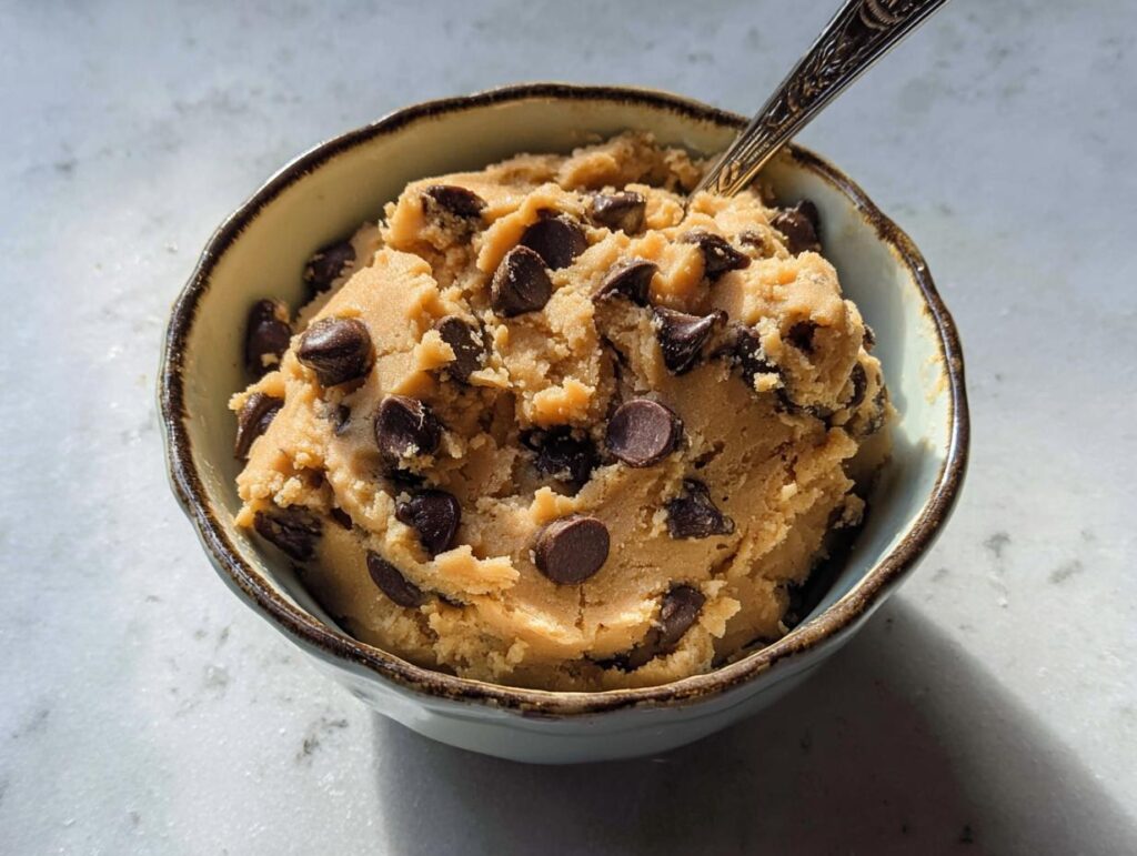 A bowl filled with delicious protein cookie dough loaded with chocolate chips, with a spoon inside.