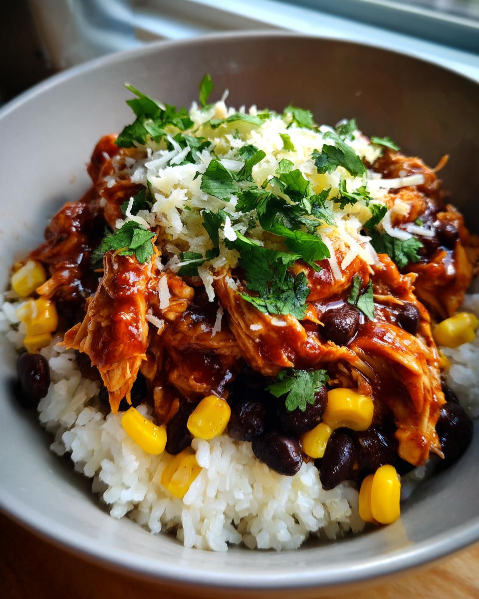 A close-up of an Easy Dinner Recipe: BBQ Chicken Bowls with shredded chicken, rice, black beans, corn, and cheese.