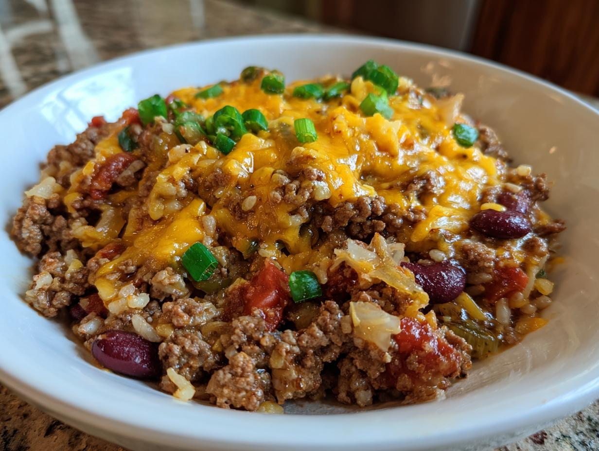 A close-up of a bowl filled with Easy Dinner Beef Taco Skillet, featuring ground beef, rice, beans, and melted cheese.