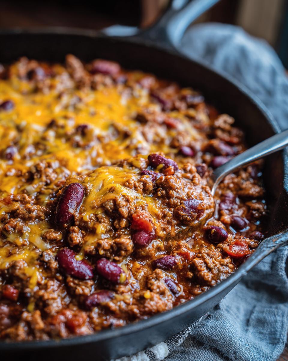 A close-up of a beef taco skillet with kidney beans and melted cheddar cheese, perfect for easy dinner recipes.