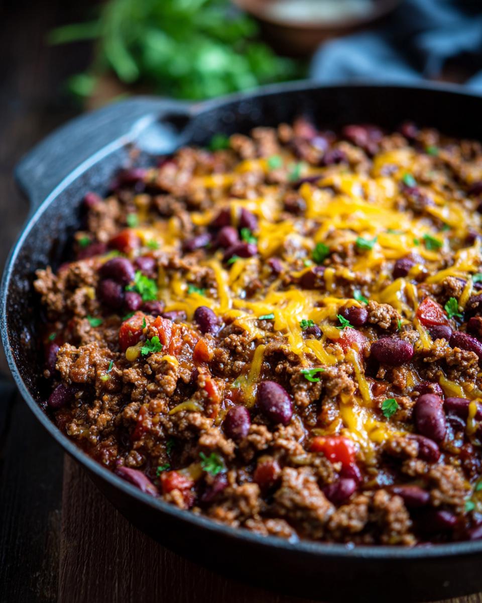Close-up of a cast iron skillet filled with a hearty beef taco mixture, kidney beans, diced tomatoes, and melted cheddar cheese, garnished with parsley.