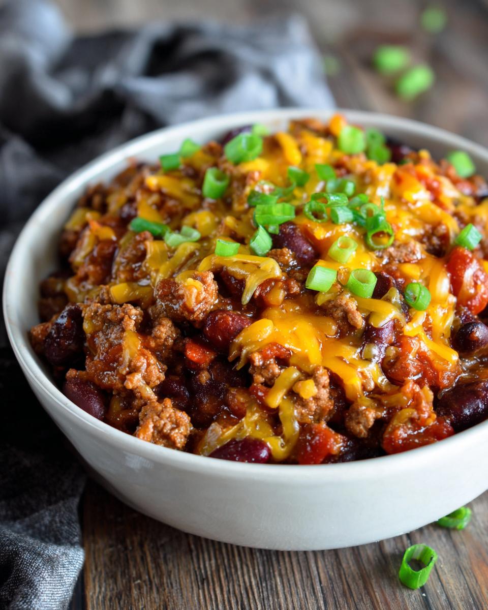 A bowl of hearty beef taco skillet topped with melted cheddar cheese and chopped green onions.