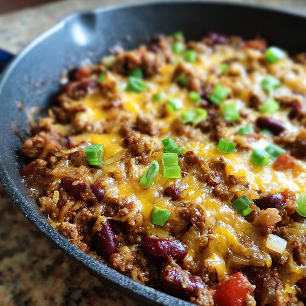 Close-up of an Easy Dinner Beef Taco Skillet topped with melted cheddar cheese and chopped green onions.