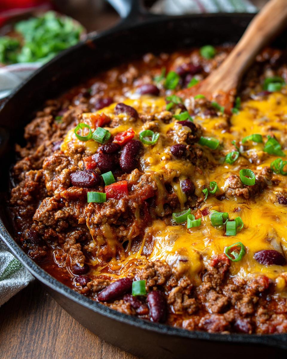 Close-up of an Easy Beef Taco Skillet with ground beef, kidney beans, melted cheese, and green onions.