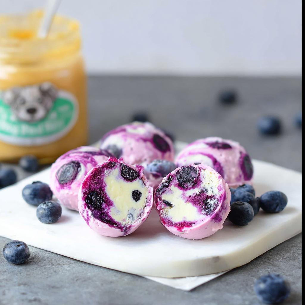 Close-up of Easy Blueberry Swirl Yogurt Bites, one is cut in half showing a creamy white center with swirls of purple blueberry.