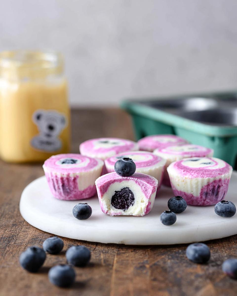 Close-up of Easy Blueberry Swirl Yogurt Bites, one cut open to show the blueberry filling.