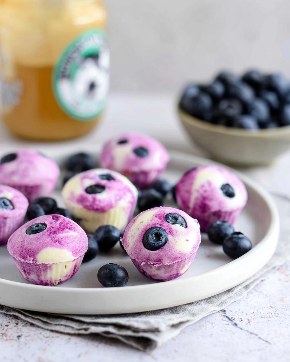 Close-up of Easy Blueberry Swirl Yogurt Bites on a white plate with fresh blueberries scattered around.