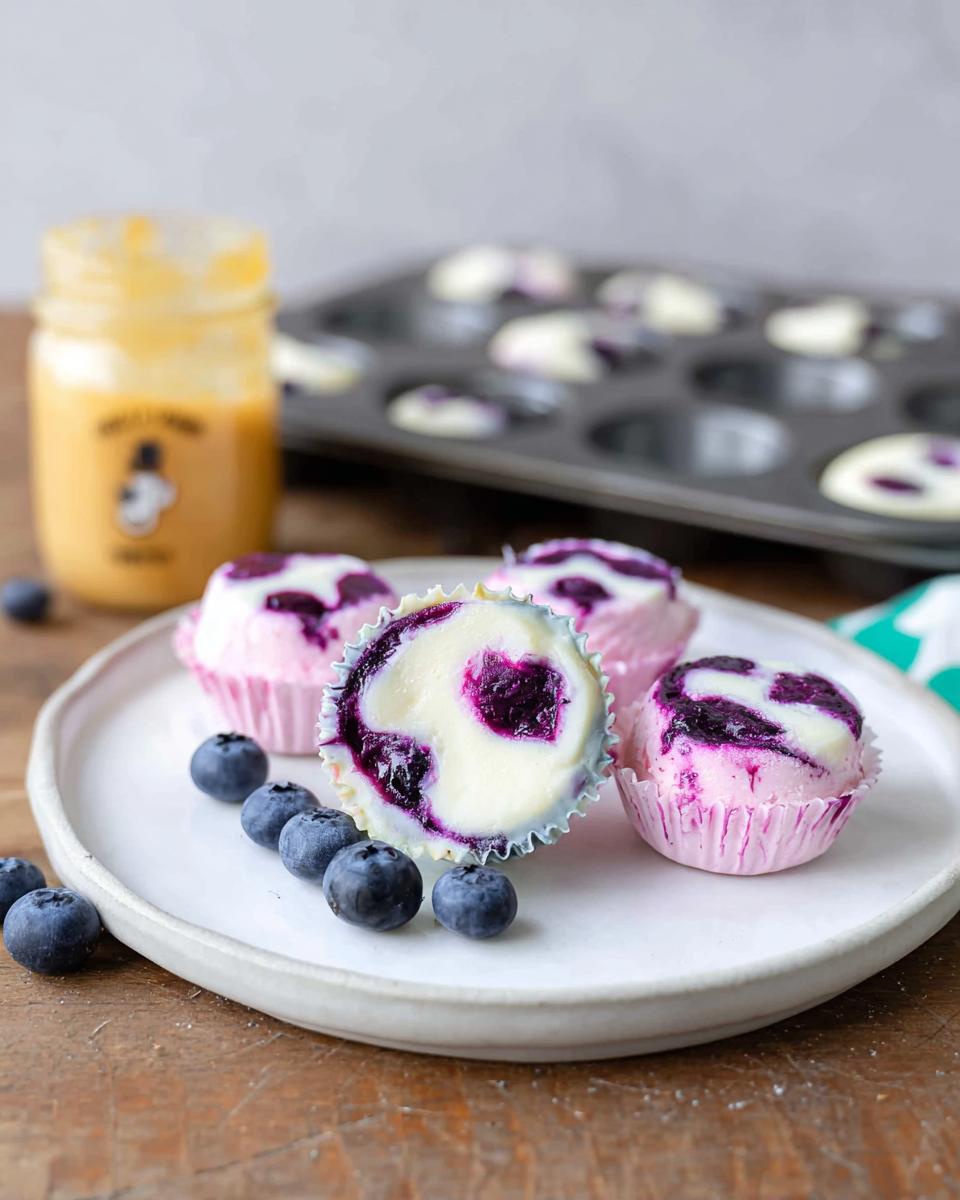Close-up of Easy Blueberry Swirl Yogurt Bites on a white plate with fresh blueberries.