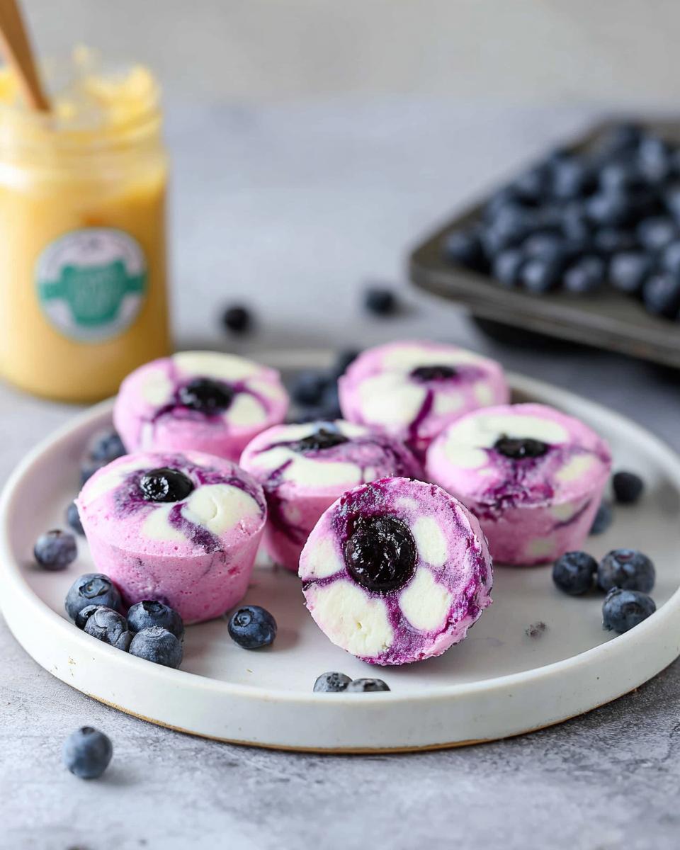 A plate of Easy Blueberry Swirl Yogurt Bites, with fresh blueberries scattered around. One bite is cut in half to show the swirl pattern.