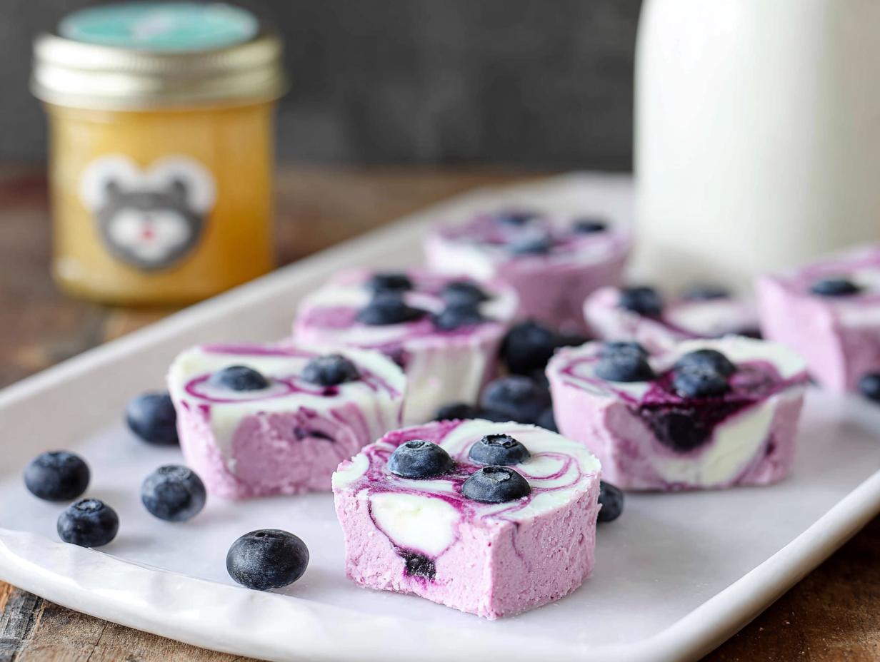 Close-up of Easy Blueberry Swirl Yogurt Bites topped with fresh blueberries on a white tray.
