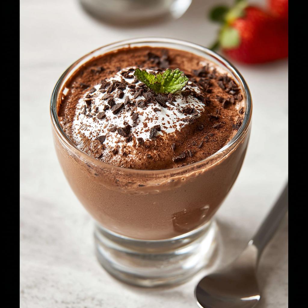 A decadent serving of Easy Cottage Cheese Chocolate Mousse topped with whipped cream, chocolate shavings, and a mint leaf.