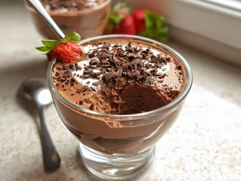 A close-up of a glass bowl filled with Easy Cottage Cheese Chocolate Mousse, topped with chocolate shavings and a strawberry.