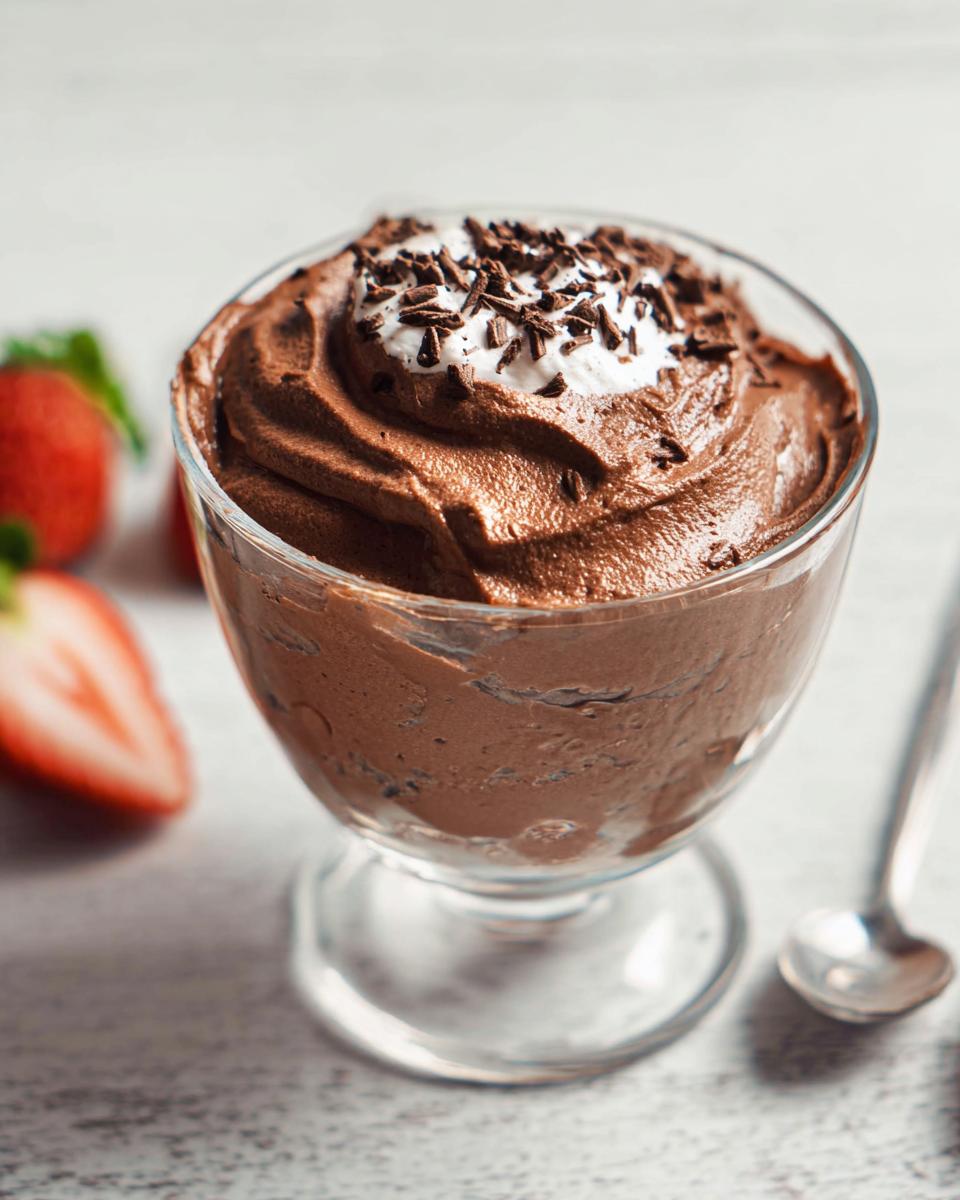 A serving of Easy Cottage Cheese Chocolate Mousse topped with whipped cream and chocolate shavings, with strawberries in the background.