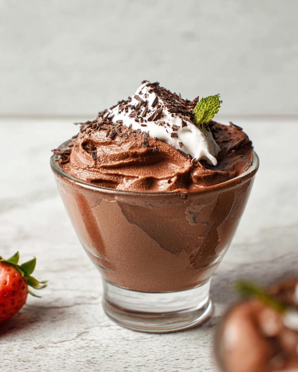 A serving of Easy Cottage Cheese Chocolate Mousse topped with whipped cream, chocolate shavings, and a mint leaf.