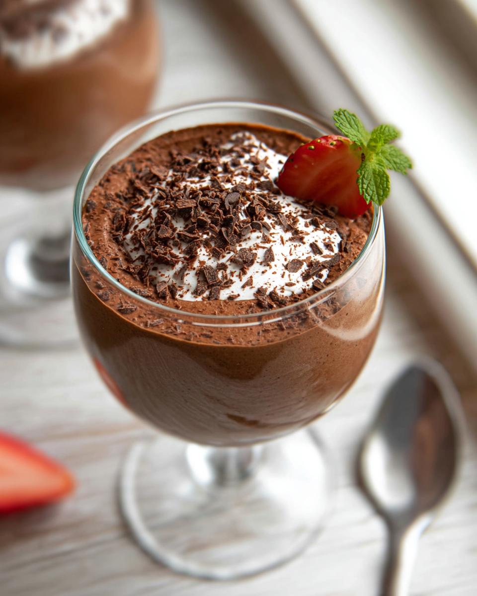A decadent serving of Easy Cottage Cheese Chocolate Mousse, topped with whipped cream, chocolate shavings, a strawberry slice, and mint.