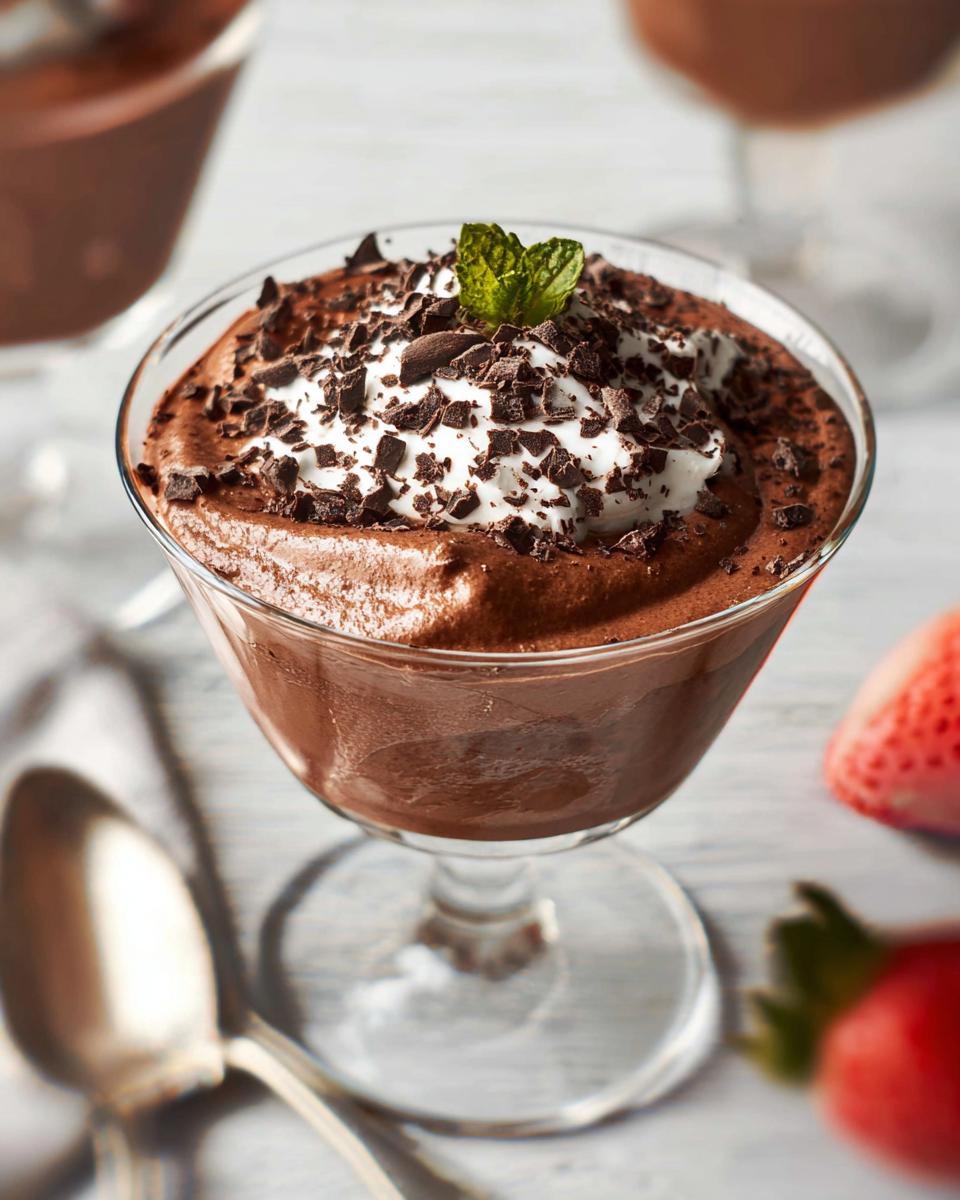 A serving of Easy Cottage Cheese Chocolate Mousse topped with whipped cream, chocolate shavings, and a mint leaf.