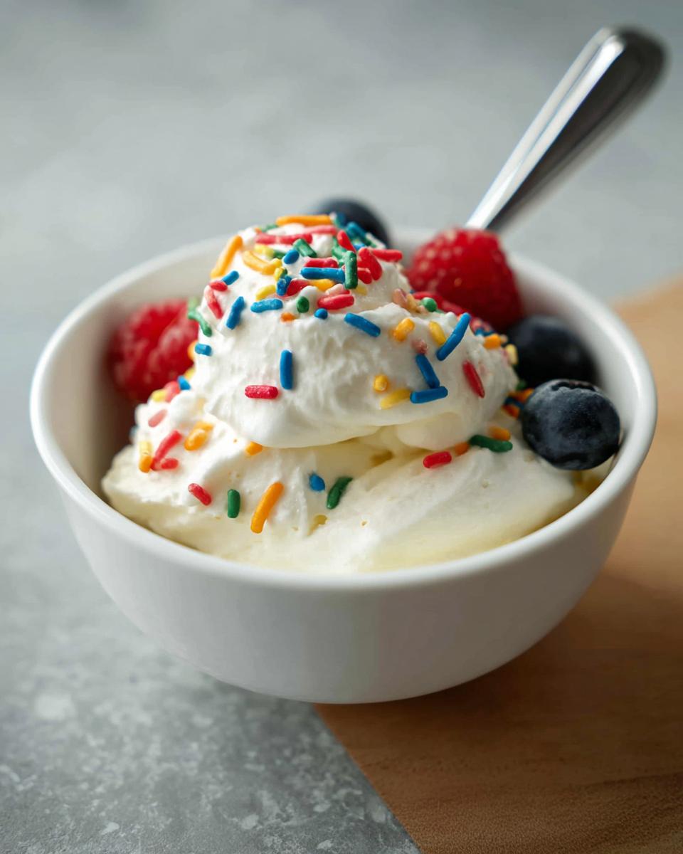 A bowl of easy frozen Greek yogurt topped with whipped cream, fresh berries, and colorful sprinkles.