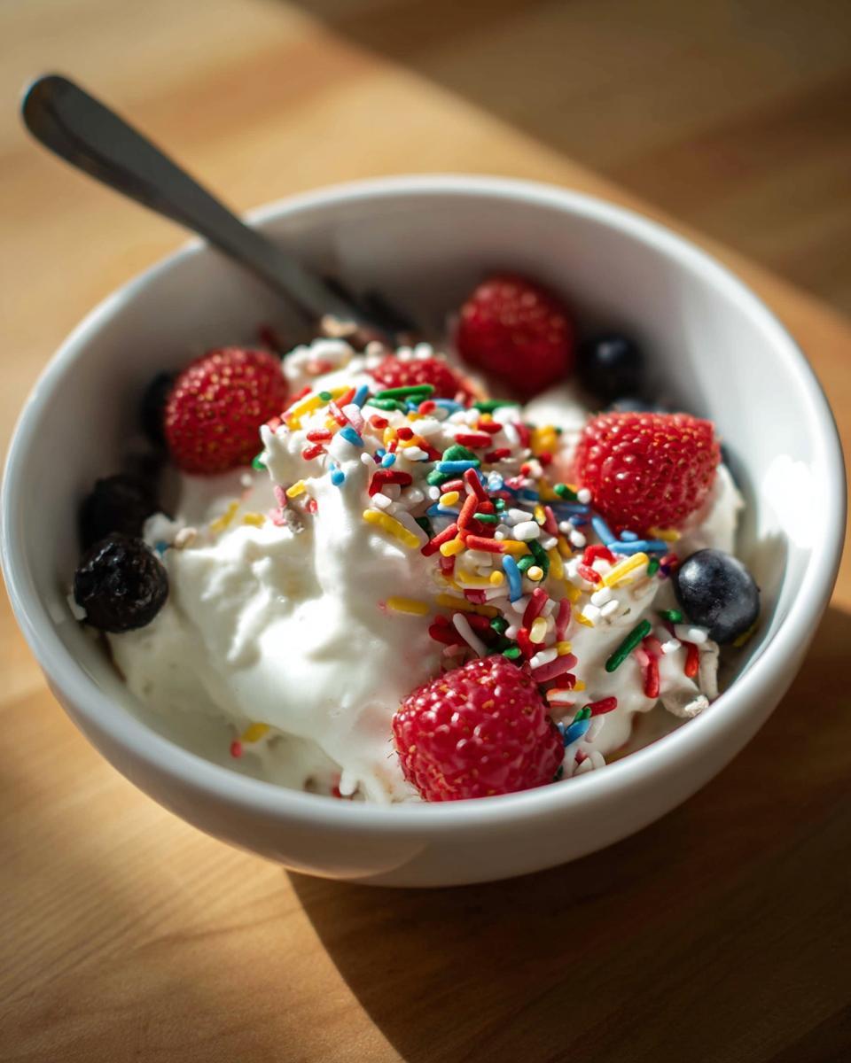 A bowl of creamy frozen Greek yogurt topped with fresh raspberries, blueberries, and colorful sprinkles.