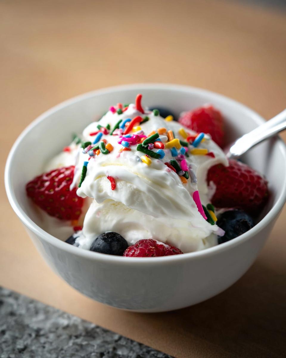 A white bowl filled with easy frozen Greek yogurt topped with fresh strawberries, blueberries, raspberries, and colorful sprinkles.