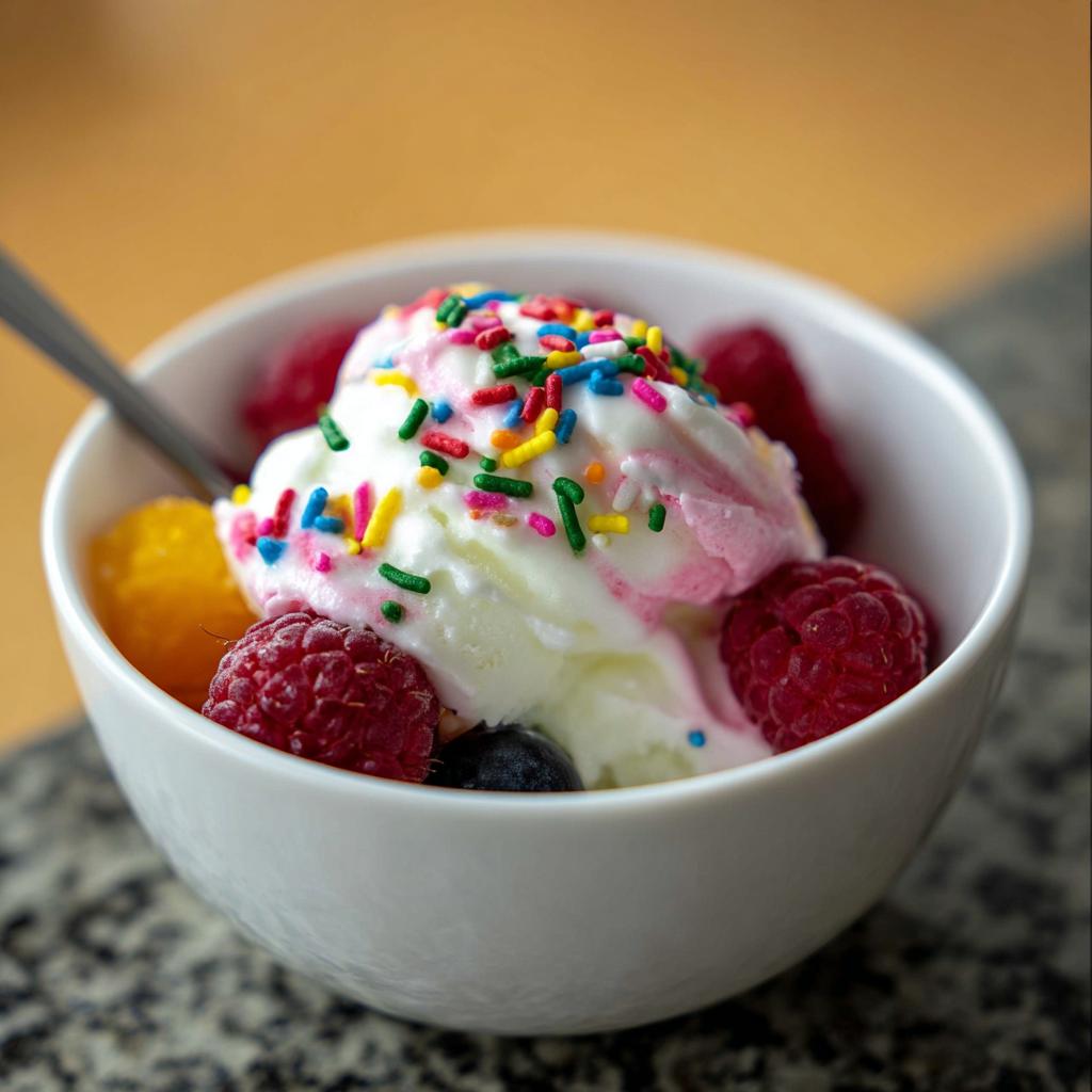 A bowl of easy frozen Greek yogurt topped with colorful sprinkles and fresh berries like raspberries and blueberries.