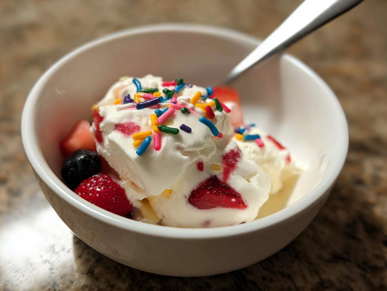 A bowl of easy frozen Greek yogurt topped with fresh strawberries, blueberries, and colorful sprinkles.