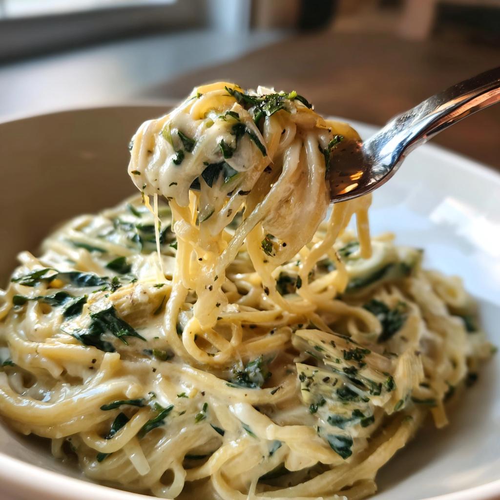 A fork lifting a swirl of creamy spinach artichoke pasta, showing melted cheese and herbs.