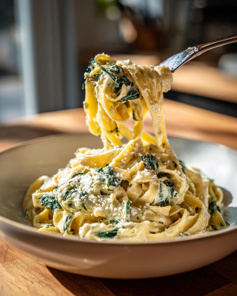 A fork lifting a swirl of creamy fettuccine pasta with spinach and artichoke from a bowl.