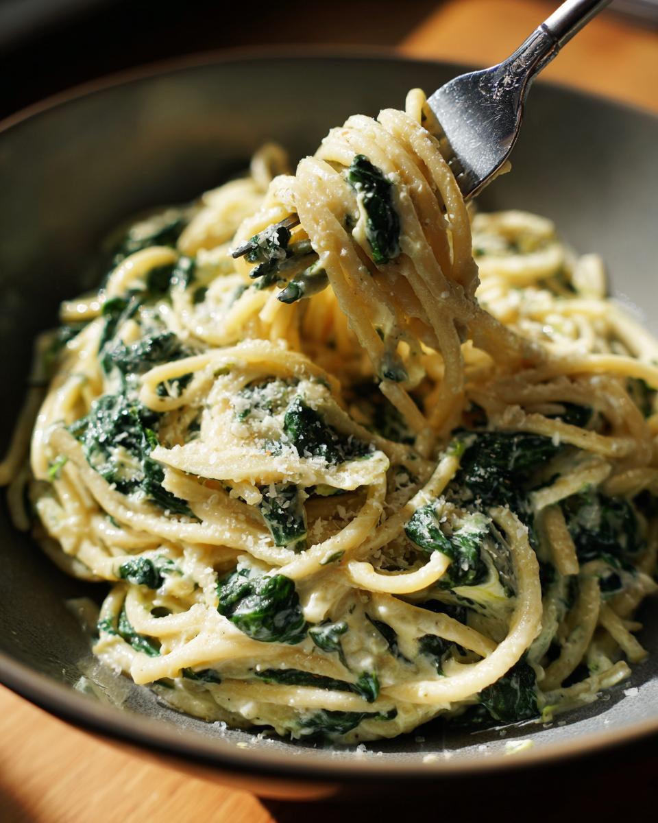 A fork twirling creamy spinach artichoke pasta in a bowl, sprinkled with Parmesan cheese.