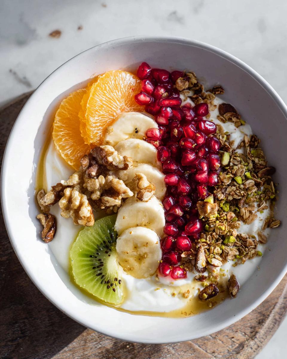 A vibrant and healthy Easy Yogurt Granola Bowl topped with orange slices, banana, pomegranate seeds, kiwi, and nuts.