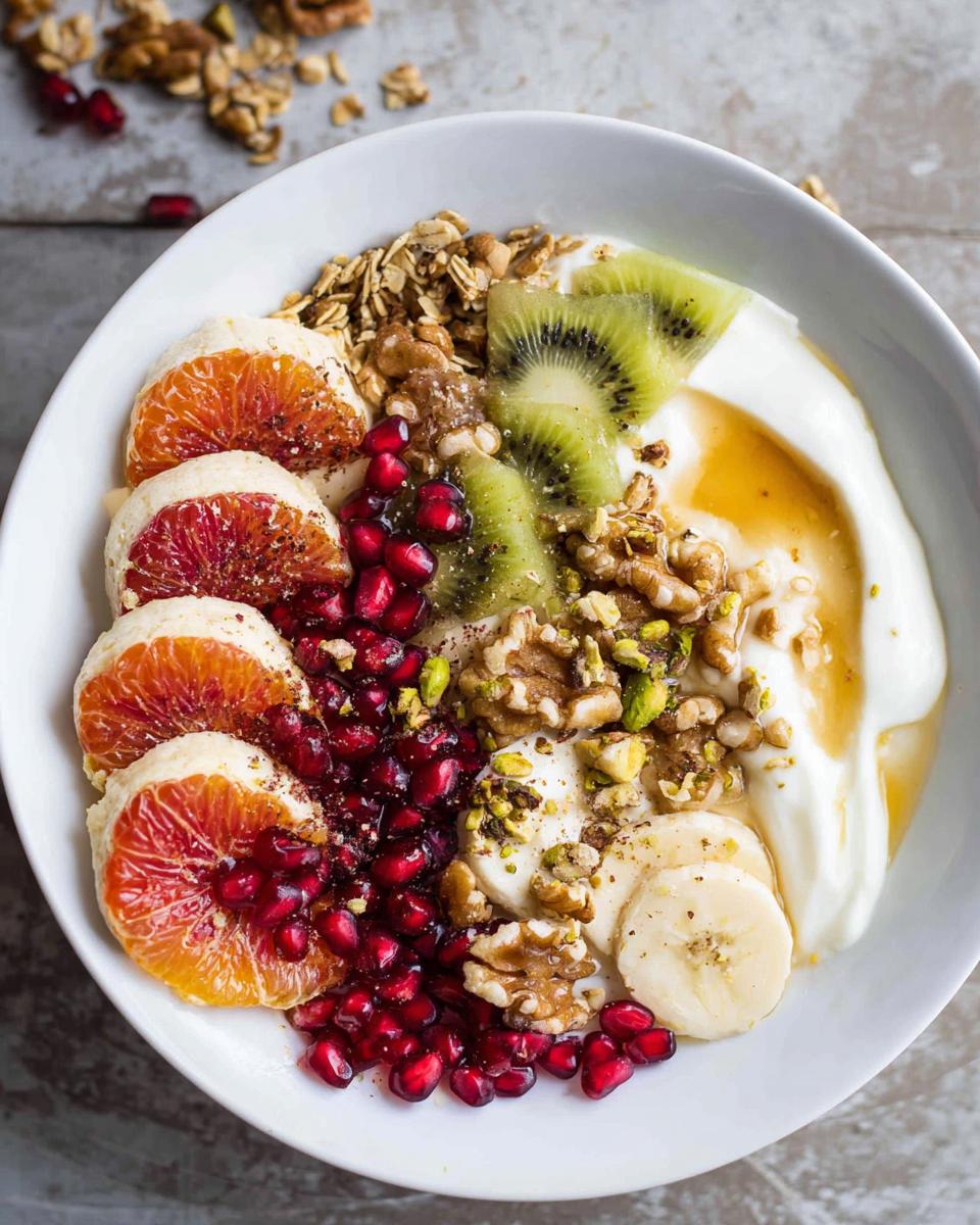 A vibrant and easy yogurt granola bowl topped with blood orange slices, kiwi, pomegranate seeds, walnuts, and a drizzle of honey.