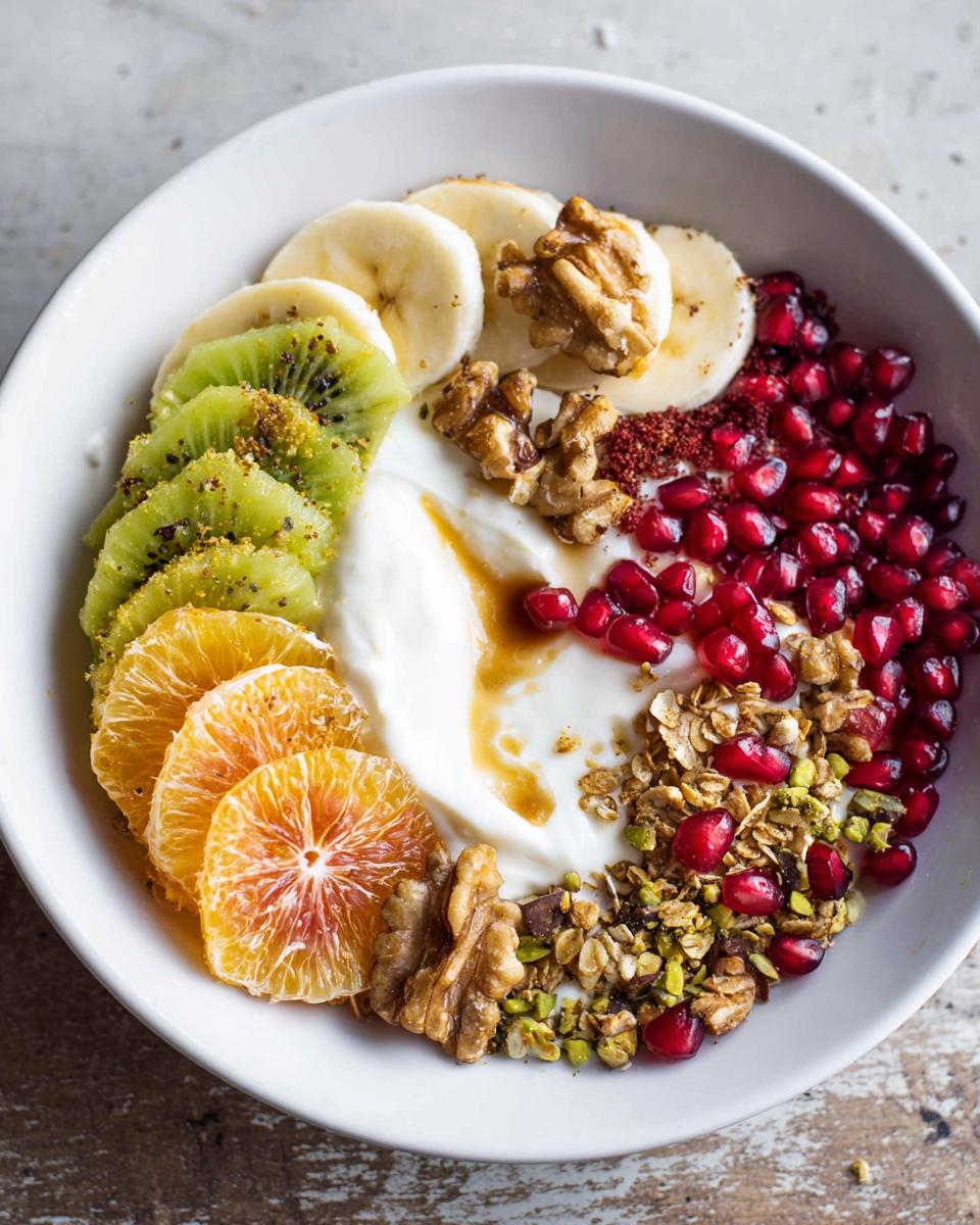 A vibrant and healthy Easy Yogurt Granola Bowl topped with sliced kiwi, banana, orange, pomegranate seeds, walnuts, and granola.