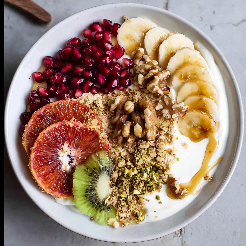 A vibrant and delicious Easy Yogurt Granola Bowl topped with pomegranate seeds, banana slices, walnuts, kiwi, and blood orange.