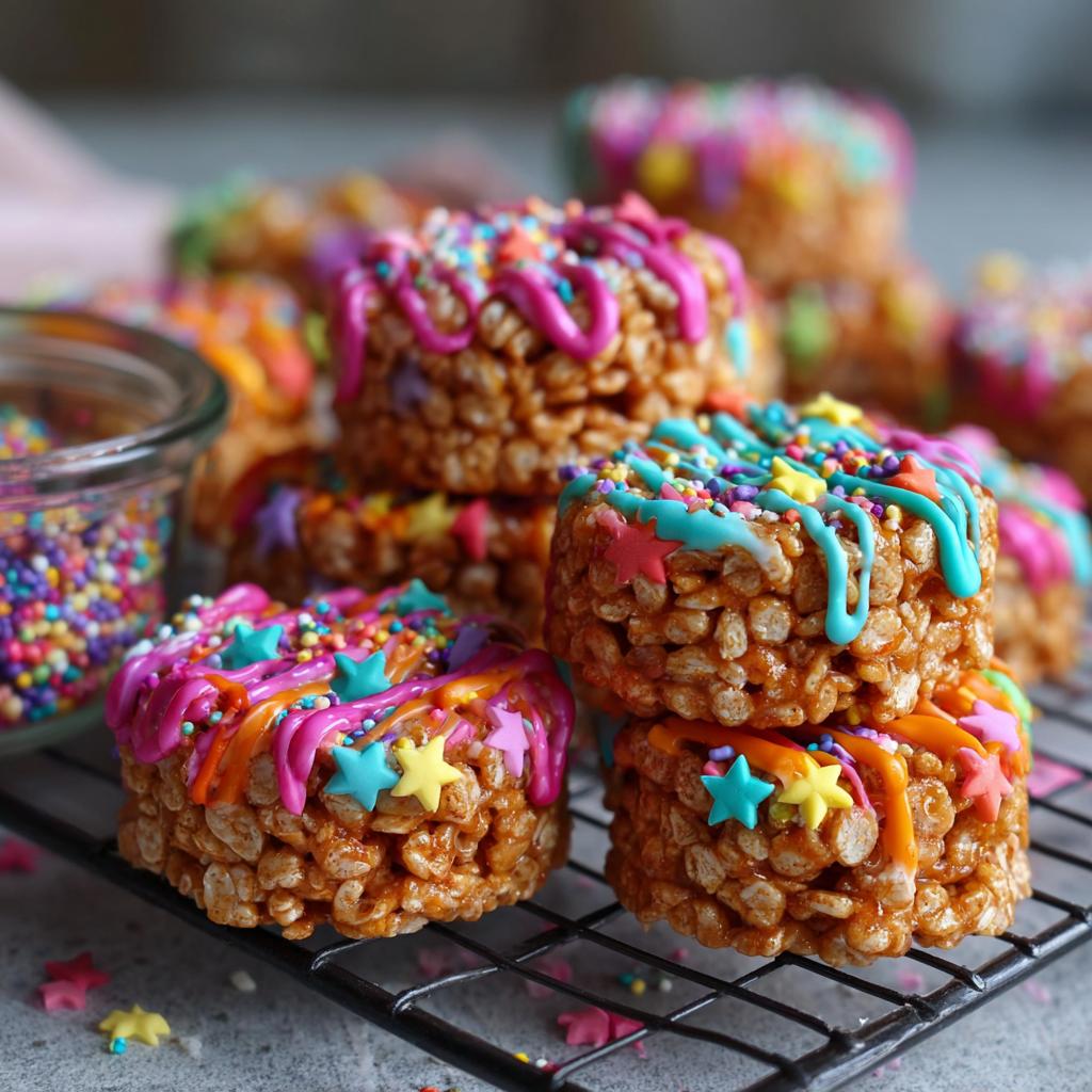 Close-up of colorful Firecracker Rice Krispie Treats decorated with icing and star sprinkles, perfect for Fourth of July desserts.