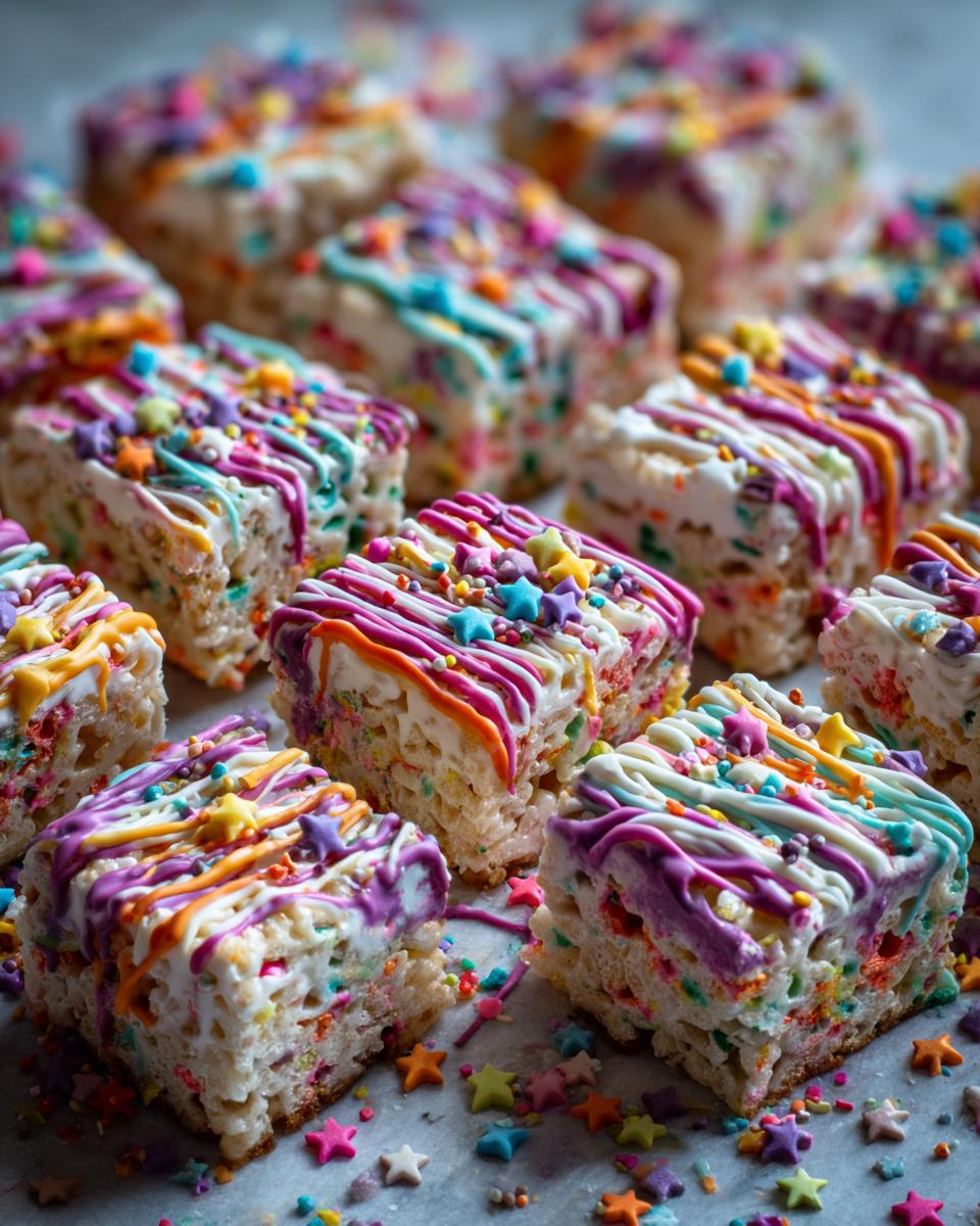 Close-up of colorful Firecracker Rice Krispie Treats decorated with star sprinkles and drizzled icing.