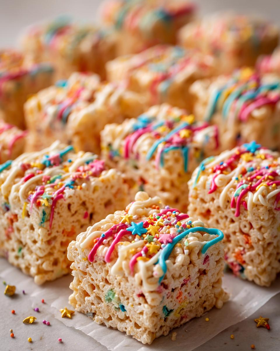 Close-up of festive Firecracker Rice Krispie Treats decorated with colorful icing and star sprinkles, perfect for Fourth of July desserts.