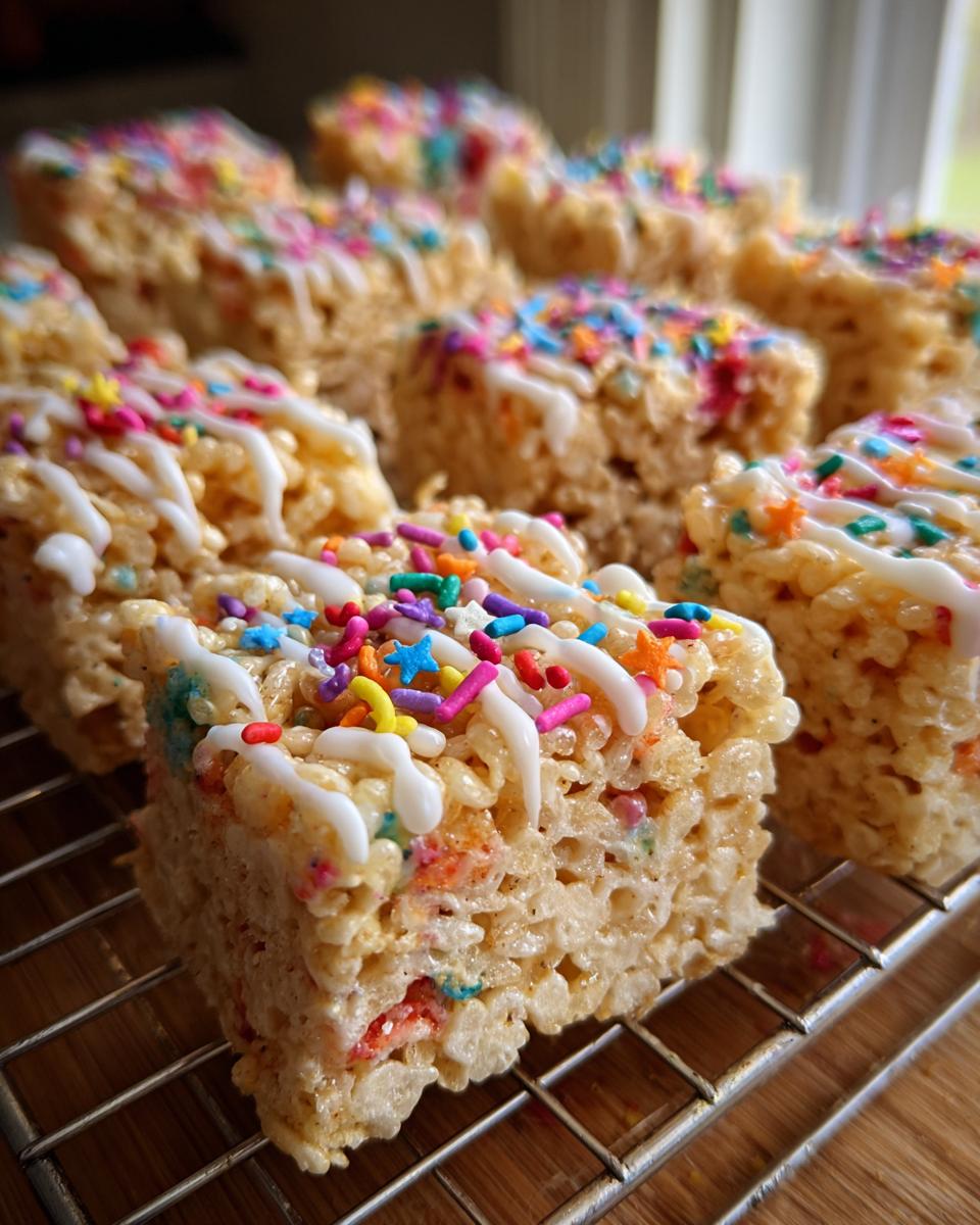 Close-up of festive Firecracker Rice Krispie Treats decorated with white icing and colorful sprinkles, perfect for Fourth of July desserts.