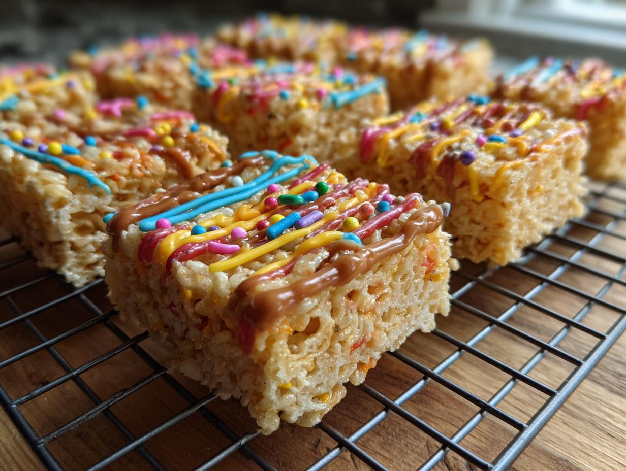 Close-up of festive Firecracker Rice Krispie Treats decorated with colorful icing and sprinkles on a cooling rack.