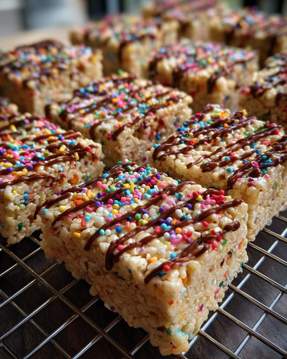 Close-up of Firecracker Rice Krispie Treats topped with colorful sprinkles and chocolate drizzle.