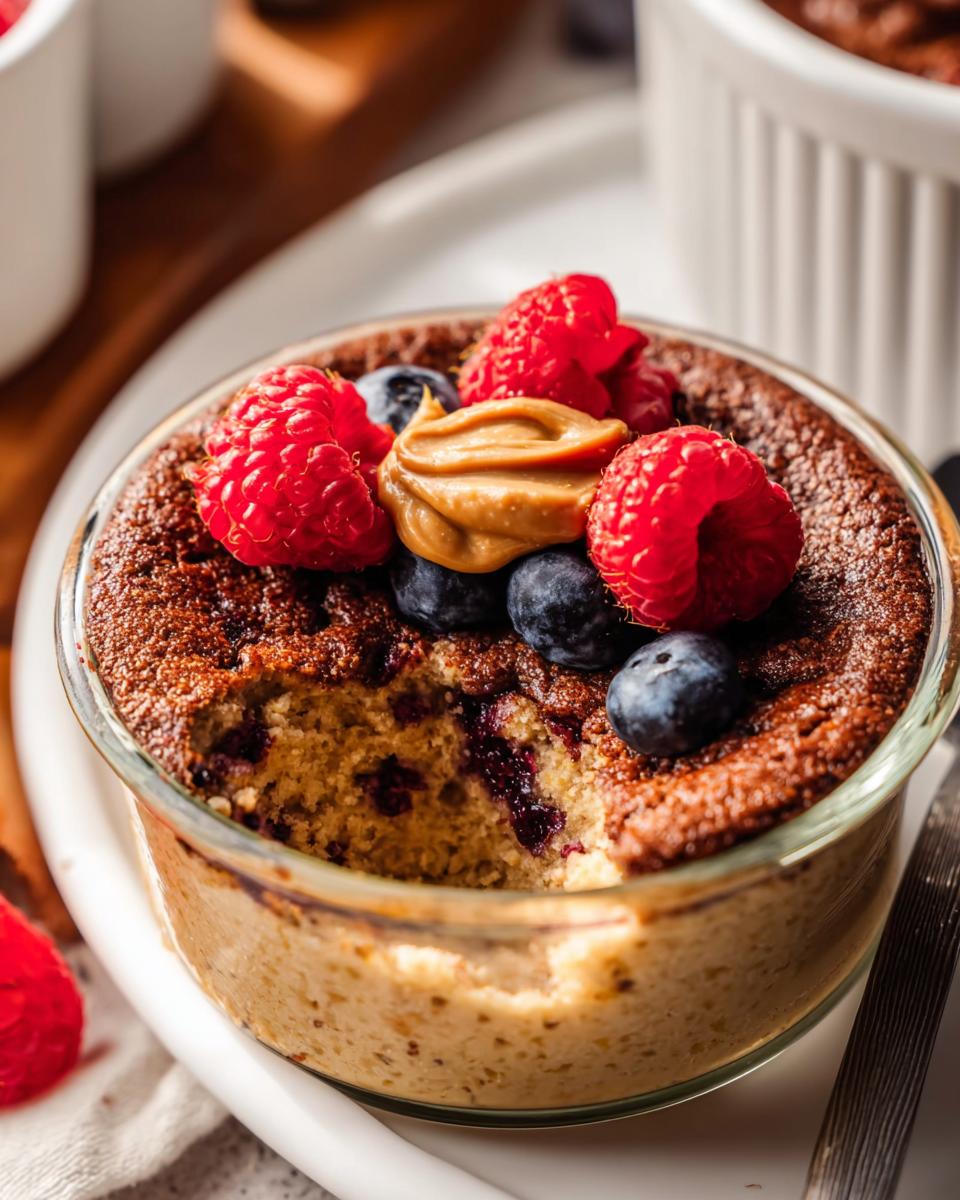 A fluffy baked protein bowl topped with fresh raspberries, blueberries, and a dollop of peanut butter.