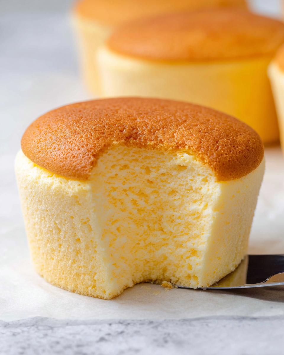 A bite taken out of a fluffy Japanese cotton cheesecake cupcake, showing its airy texture.