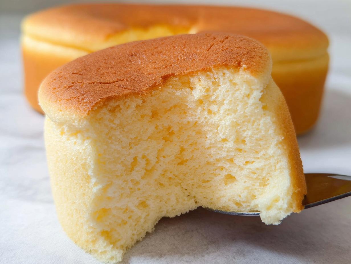 A slice of fluffy Japanese cotton cheesecake cupcake being lifted by a server, showing its airy texture.