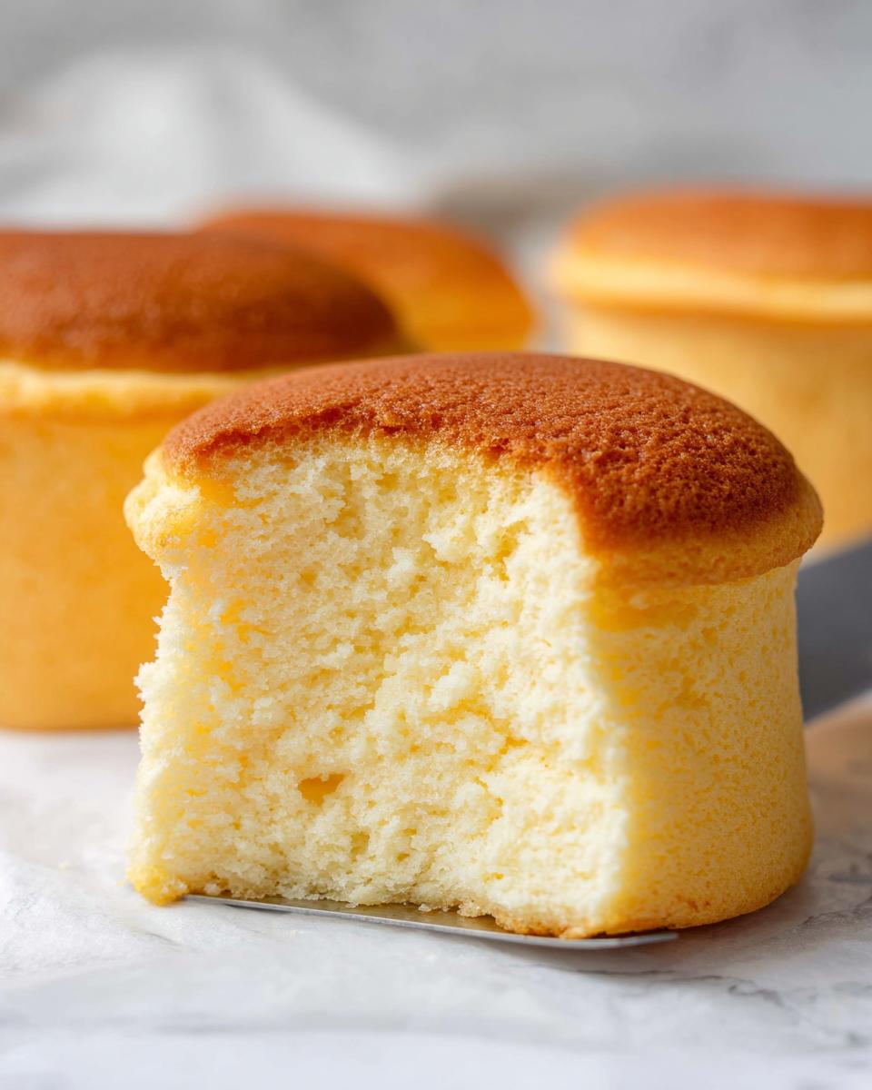 Close-up of a fluffy Japanese Cotton Cheesecake Cupcake with a bite taken out, showing its airy texture.