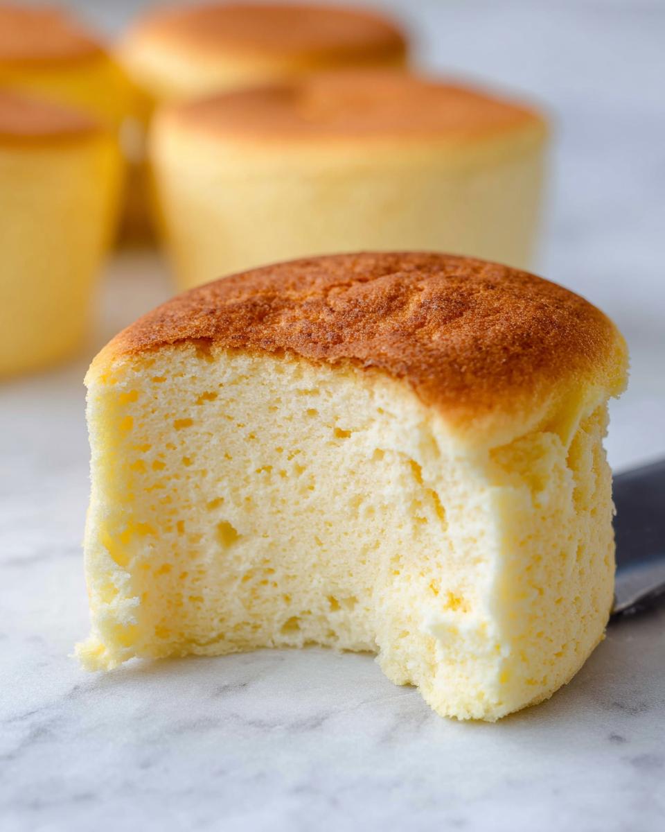 A bite taken out of a fluffy Japanese cotton cheesecake cupcake, showing its airy interior and golden-brown top.