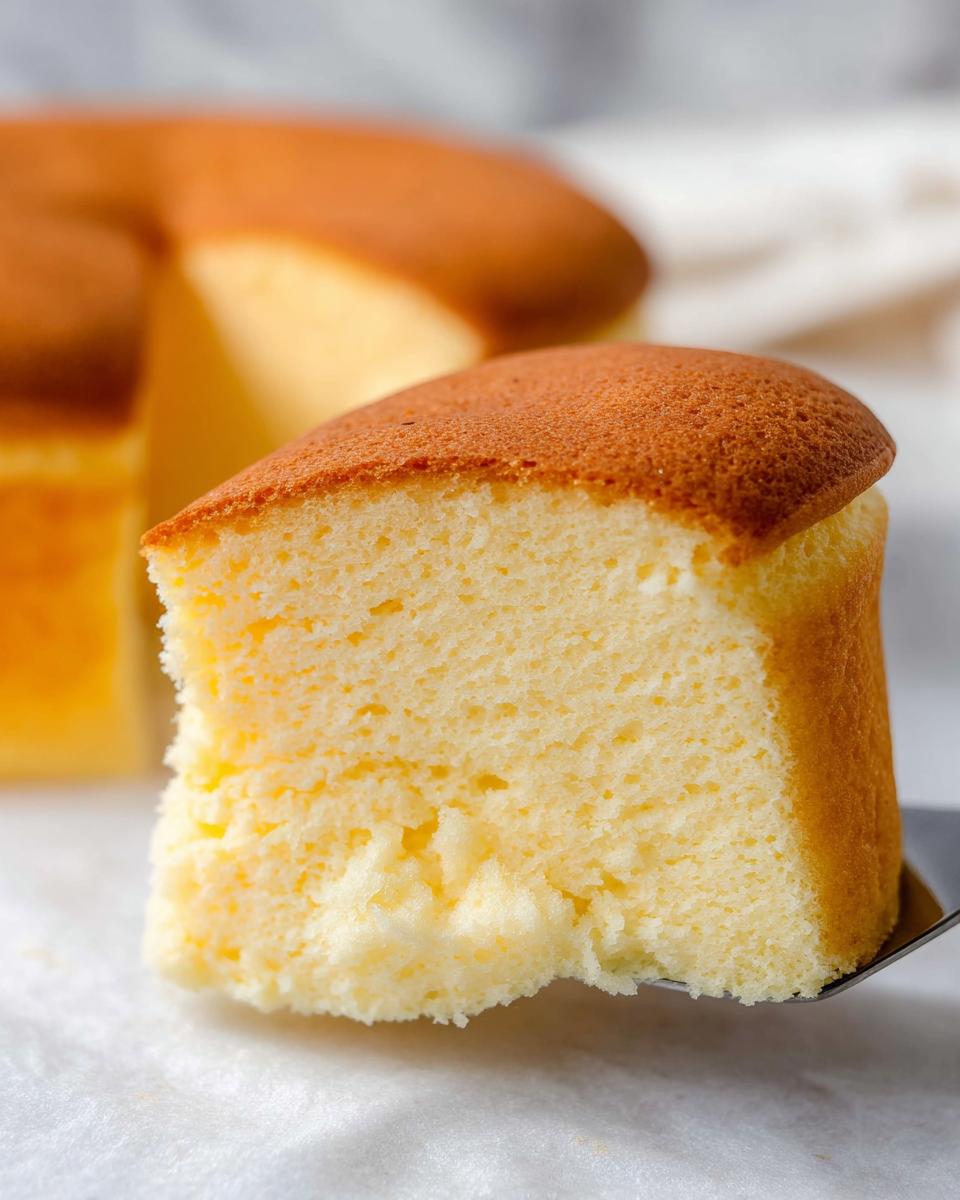 A slice of fluffy Japanese Cotton Cheesecake Cupcakes, showing its light and airy texture.