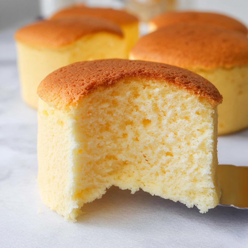 Close-up of a Fluffy Japanese Cotton Cheesecake Cupcake with a bite taken out, showing its airy texture.