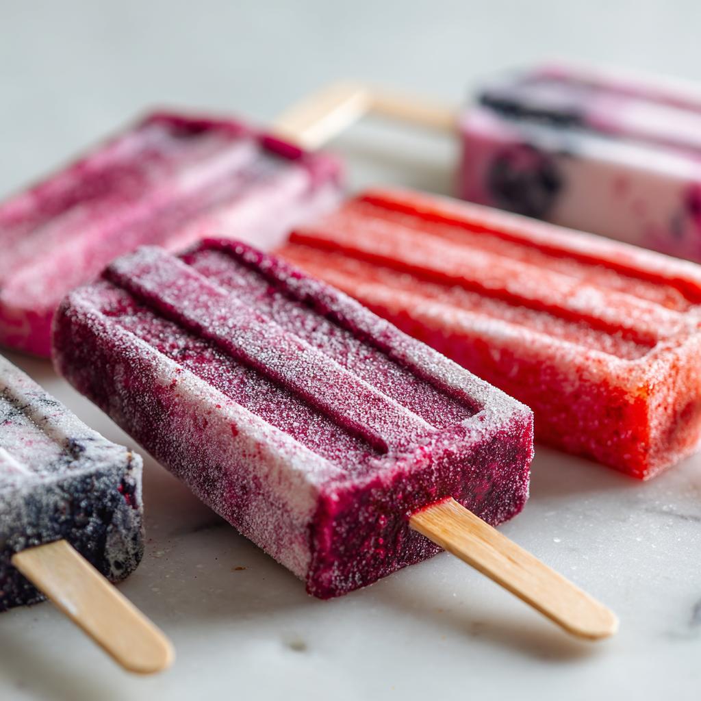 Close-up of colorful berry popsicles, perfect for Fourth of July desserts, dusted with a light frost.