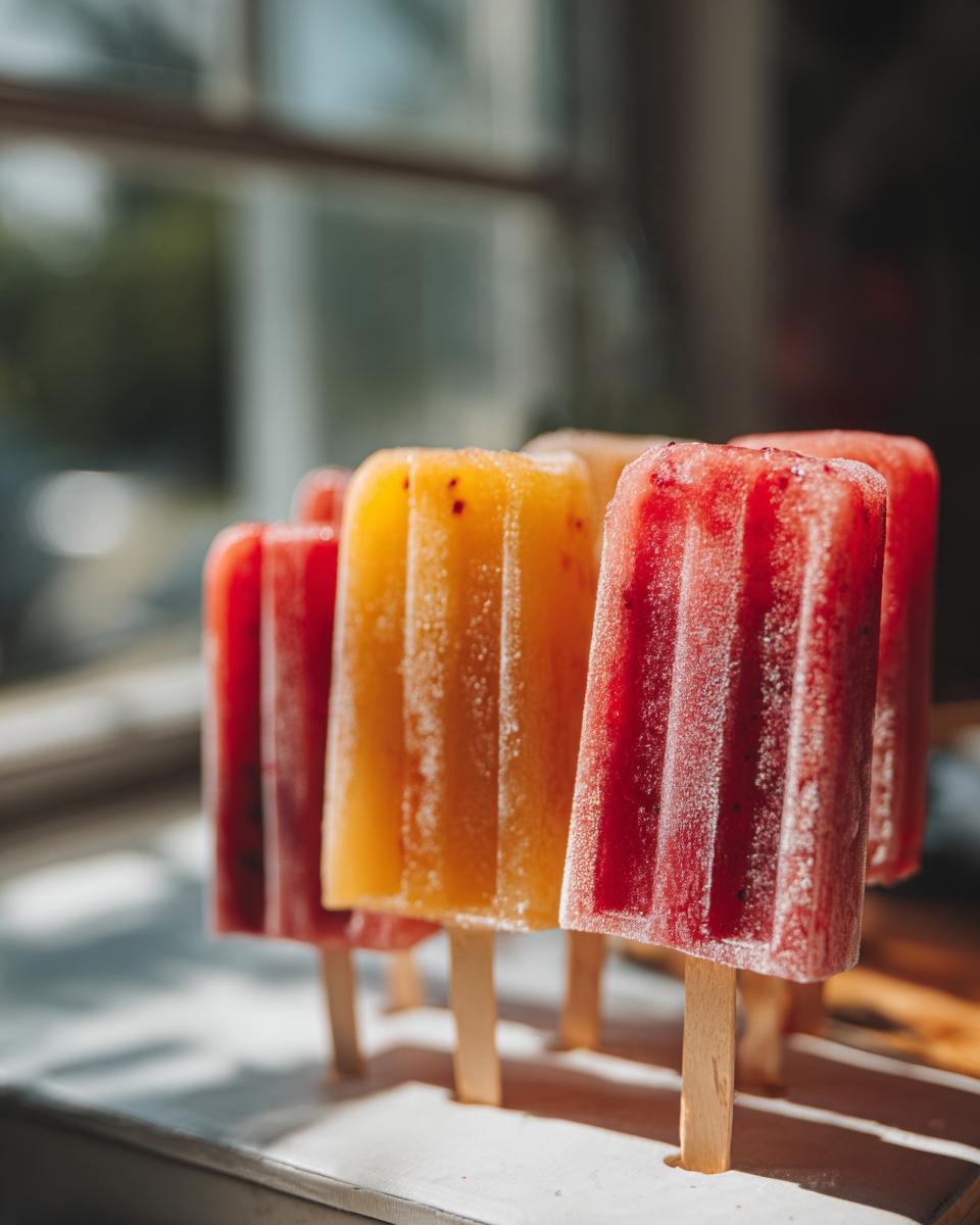 Close-up of bright red and orange berry popsicles on sticks, perfect for Fourth of July desserts.