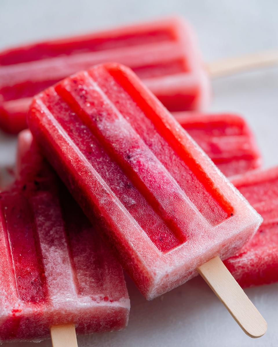 Close-up of bright red berry popsicles on sticks, perfect for Fourth of July desserts.